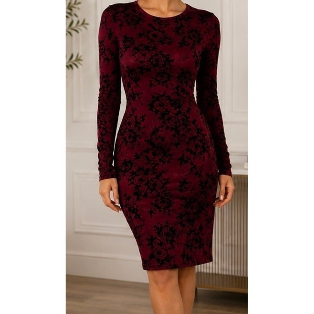 Burgundy Floral Flocked Long Sleeve Bodycon Sheath Dress Burgundy Black Size-M